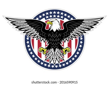 Round icon with bald eagle and stars on white background.