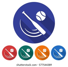 Round icon of  baseball. Flat style illustration with long shadow in five variants background color       