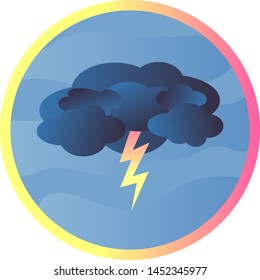 Round icon with beautiful gradient dark blue cloud and yellow-pink lightning on a blue background and with a yellow-pink frame, vector graphics, vector illustration