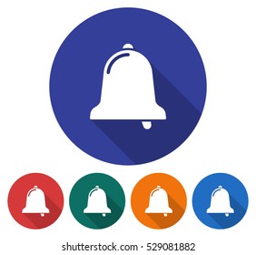 Round icon of bell. Flat style illustration with long shadow in five variants background color