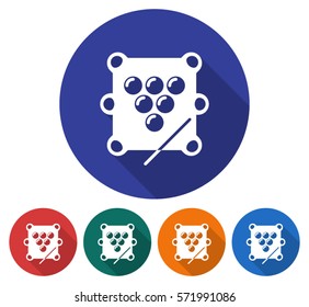 Round icon of  billiards. Table, balls triangle and cue.  Flat style illustration with long shadow in five variants background color          
