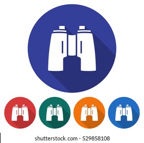 Round icon of binoculars. Flat style illustration with long shadow in five variants background color