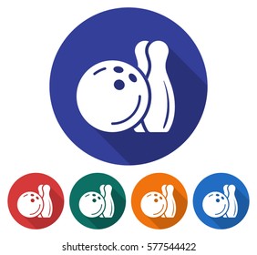 Round icon of  bowling. Flat style illustration with long shadow in five variants background color          