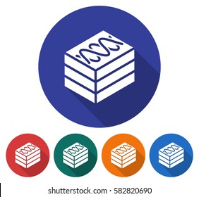 Round icon of  cake. Flat style illustration with long shadow in five variants background color       