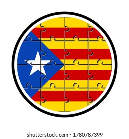 round icon with catalan flag made with jigsaw puzzle pieces, isolated on white background