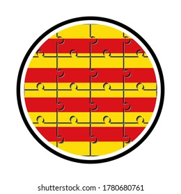 round icon with catalonia flag made with jigsaw puzzle pieces, isolated on white background 