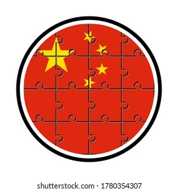 round icon with china flag made with jigsaw puzzle pieces, isolated on white background