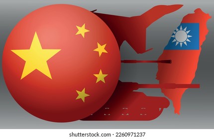  icono circular bandera china y mapa de Taiwán, bandera de la República de China - tanque de equipamiento militar, luchador. concepto de un posible conflicto militar en Asia
