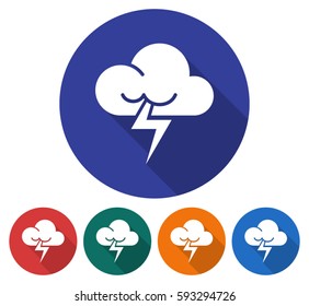 Round icon of  cloud with lightning (rainless lightning storm weather). Flat style illustration with long shadow in five variants background color  