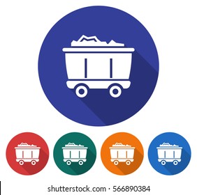 Round icon of coal wagon. Flat style illustration with long shadow in five variants background color