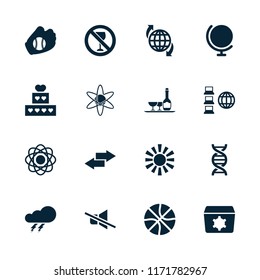 Round icon. collection of 16 round filled icons such as thunder, globe, atom, cake, baseball glove, arrow, champagne and wine glasses. editable round icons for web and mobile.