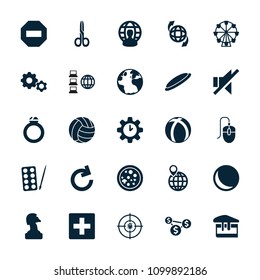 Round icon. collection of 25 round filled icons such as globe, paints, plus, sphere, chess horse, ferris wheel, qround the globe, dna. editable round icons for web and mobile.