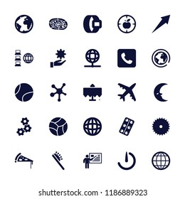 Round icon. collection of 25 round filled icons such as restaurant table, hair brush, gear, pizza, medical pills, globe, call. editable round icons for web and mobile.