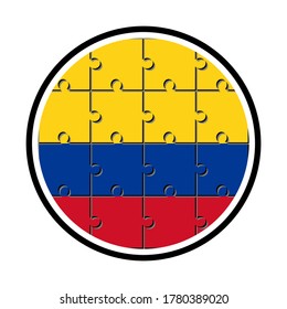 round icon with colombia flag made with jigsaw puzzle pieces, isolated on white background 