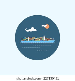 Round icon with colored cargo container ship, clouds and sun, logistics icons, vector illustration