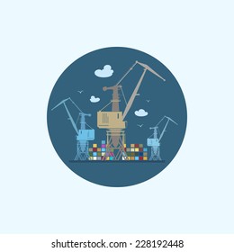 Round icon with colored cargo cranes and containers, logistics icon, vector illustration