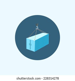 Round icon with colored container with crane ,container hanging on crane hook, vector illustration