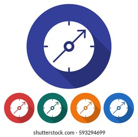 Round icon of  compass. Flat style illustration with long shadow in five variants background color       