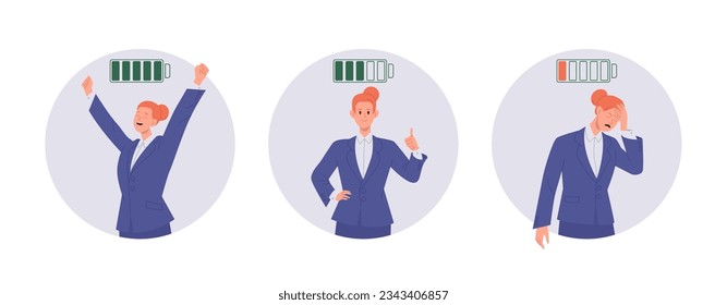 Round icon composition isolated set with businesswoman or employee having different battery charge