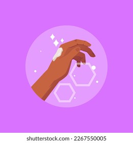 Round icon with cream on woman hand flat style, vector illustration isolated on purple background. Skincare, daily beauty routine, hydration and shine. Design element