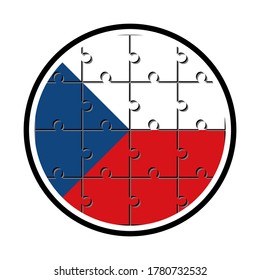 round icon with czech republic flag made with jigsaw puzzle pieces, isolated on white background 