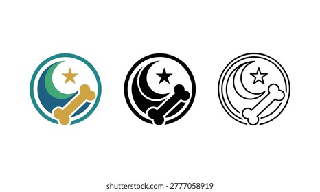 Round icon depicting crescent moon with star and bone inside. Design concept for pet care, dog training, animal wellness, nocturnal activities and pet feeding service.