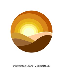 Round icon of desert landscape, with sand layers and sun
