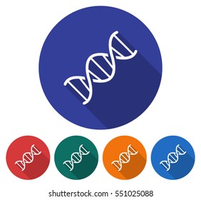 Round icon of DNA. Flat style illustration with long shadow in five variants background color       