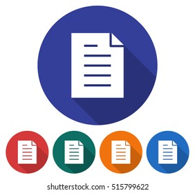 Round icon of document. Flat style illustration with long shadow in five variants background color