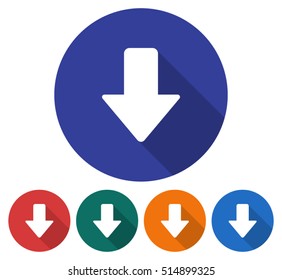 Round icon of downward  direction arrow. Flat style illustration with long shadow in five variants background color