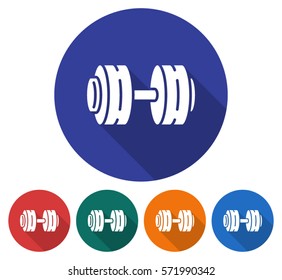 Round icon of  dumbbell. Flat style illustration with long shadow in five variants background color       