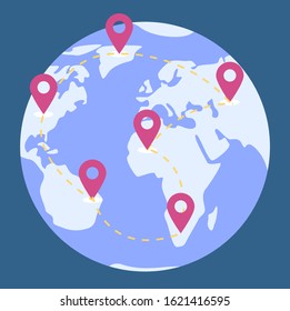 Round icon of earth, blue map. Red pointers, geographical landmarks on all continents, europe and africa, asia and america. Dashed lines to indicate path to travel. Vector illustration in flat style