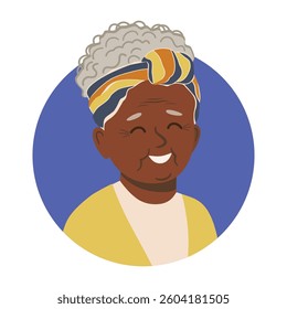 round icon, elderly african american woman avatar. portrait, profile grandma smiling. People dark skinned. vector illustration isolated on white background