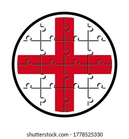 round icon with england flag made with jigsaw puzzle pieces, isolated on white background

