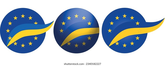 round icon of european flag and ukrainian flag ribbon check mark in front. concept EU Europe and Ukraine partnership, cooperation