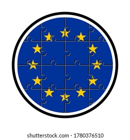 round icon with european union flag made with jigsaw puzzle pieces, isolated on white background 