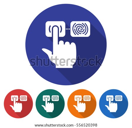 Round icon of  fingerprint scanning line icon. Biometrics concept. Flat style illustration with long shadow in five variants background color        