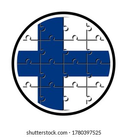 round icon with finland flag made with jigsaw puzzle pieces, isolated on white background 