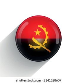 Round icon with flag of Angola. Glass light ball, sticker, sphere. Angolan national symbol. Glossy realistic ball, 3D abstract vector illustration. Template big bubble.