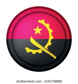 Round icon with flag of Angola. Glass light ball, sticker, sphere. Angolan national symbol. Glossy realistic ball, 3D abstract vector illustration. Template big bubble.