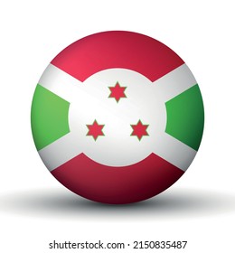 Round icon with flag of Burundi. Glass light ball, sticker, sphere. National symbol. Glossy realistic ball, 3D abstract vector illustration. Template big bubble.