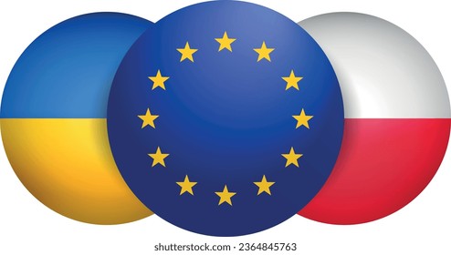 bandera de icono circular de la Unión Europea, Ucrania y Polonia. concepto de asociación independiente con los países, aliados, comercio, seguridad estratégica