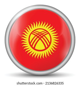 Round icon with flag of Kyrgyzstan. Glass light ball, sticker, sphere. Kyrgyz national symbol. Glossy realistic ball, 3D abstract vector illustration. Template big bubble.