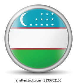 Round icon with flag of Uzbekistan. Glass light ball, sticker, sphere. Uzbek national symbol. Glossy realistic ball, 3D abstract vector illustration. Template big bubble.