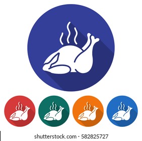 Round icon of  fried chicken. Flat style illustration with long shadow in five variants background color