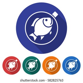 Round icon of  fried fish on a pan. Flat style illustration with long shadow in five variants background color