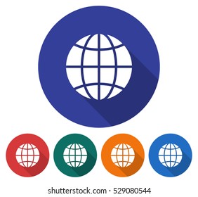 Round icon of globe. Flat style illustration with long shadow in five variants background color