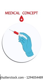 Round icon - Gloved hand with syringe - flat style - vector. Medical Concept