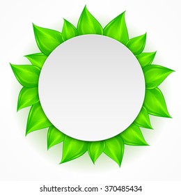 Round icon with green leaves on white. Vector illustration