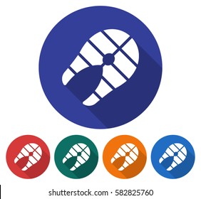 Round icon of  grilled fish piece. Flat style illustration with long shadow in five variants background color